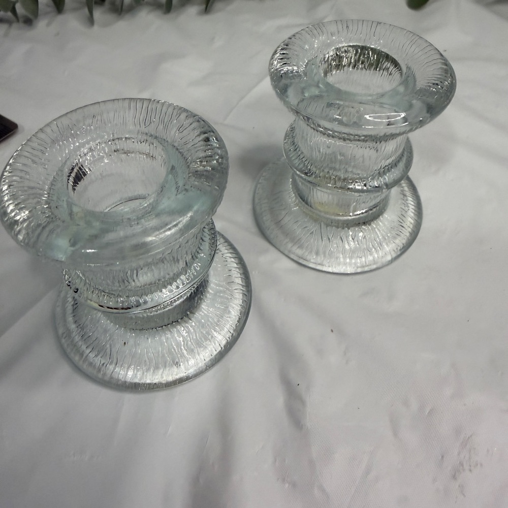 Innovation Textured Pair of Clear Glass Candlestick Holders Set
